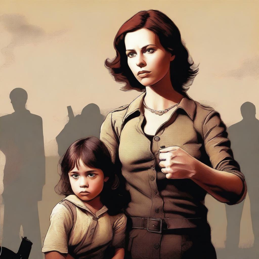 A realistic scene featuring a lady holding a gun with a child standing by her side