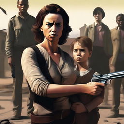 A realistic scene featuring a lady holding a gun with a child standing by her side