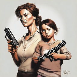 A realistic scene featuring a lady holding a gun with a child standing by her side