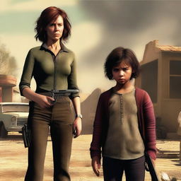 A realistic scene featuring a lady holding a gun with a child standing by her side