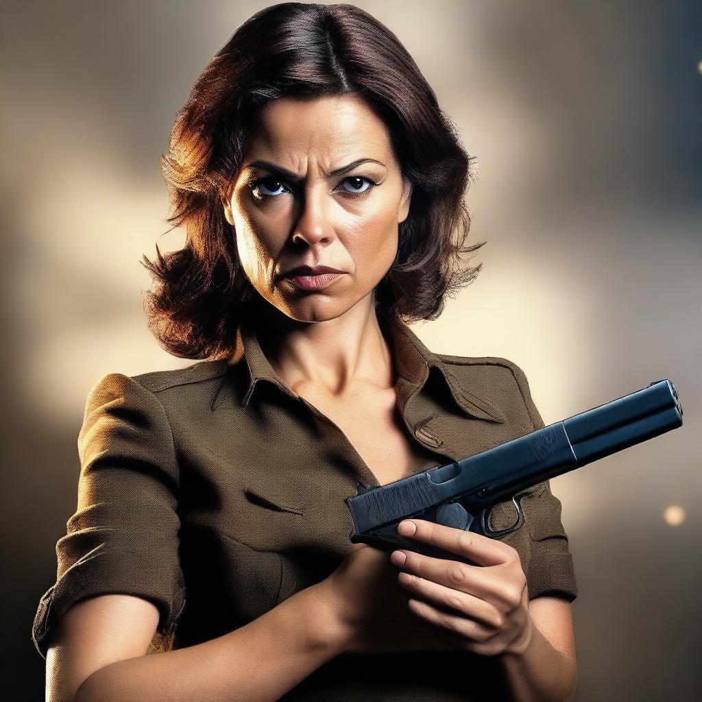 A realistic image of a lady holding a gun