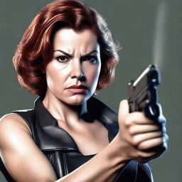 A realistic image of a lady holding a gun