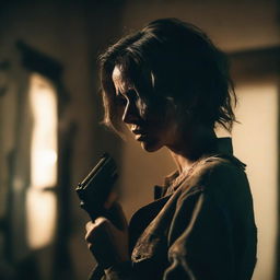 A distressed woman holding a gun, tears streaming down her face