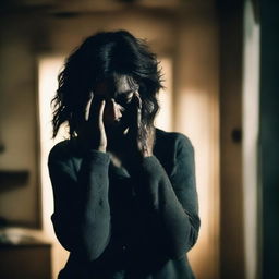 A distressed woman holding a gun, tears streaming down her face