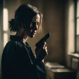 A distressed woman holding a gun, tears streaming down her face