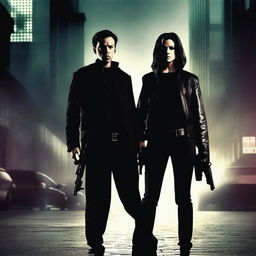 A man and a woman both dressed in black, each carrying a gun