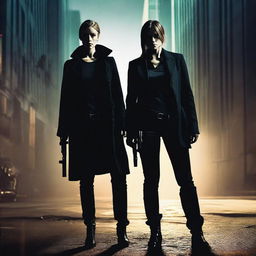 A man and a woman both dressed in black, each carrying a gun