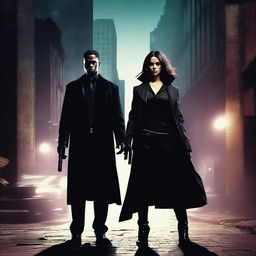 A man and a woman both dressed in black, each carrying a gun