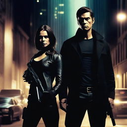 A man and a woman both dressed in black, each carrying a gun