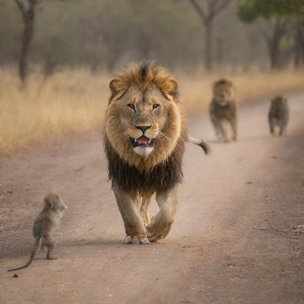 A majestic lion lungeing towards three monkey, inciting an action-packed scene in the wild.