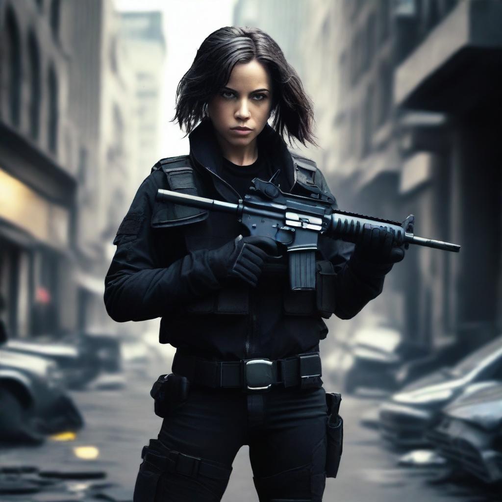 A woman dressed in black, carrying a machine gun