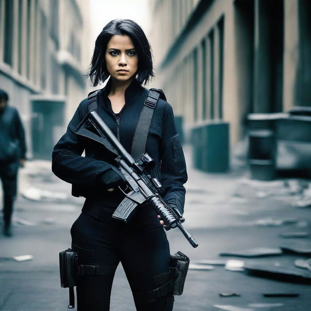 A woman dressed in black, carrying a machine gun