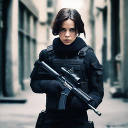 A woman dressed in black, carrying a machine gun