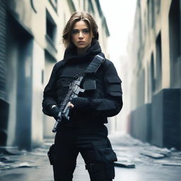 A woman dressed in black, carrying a machine gun