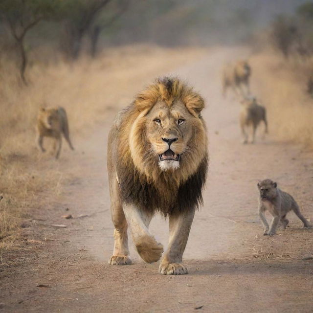 A majestic lion lungeing towards three monkey, inciting an action-packed scene in the wild.