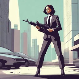 A woman wearing a sleek suit, carrying a machine gun