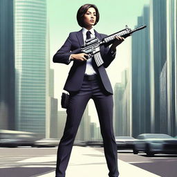 A woman wearing a sleek suit, carrying a machine gun