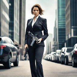 A woman wearing a sleek suit, carrying a machine gun