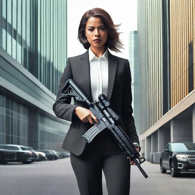 A woman wearing a sleek suit, carrying a machine gun