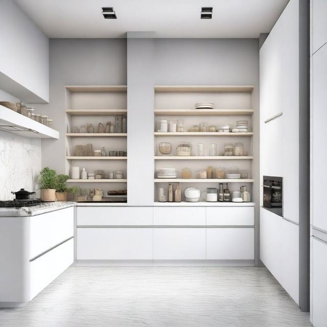 Create a detailed and realistic render of a modern pantry