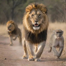 A majestic lion lungeing towards three monkey, inciting an action-packed scene in the wild.