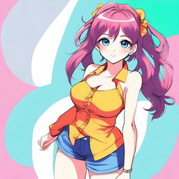 An anime-style girl with larger breasts, vibrant colors, large expressive eyes, and detailed hair