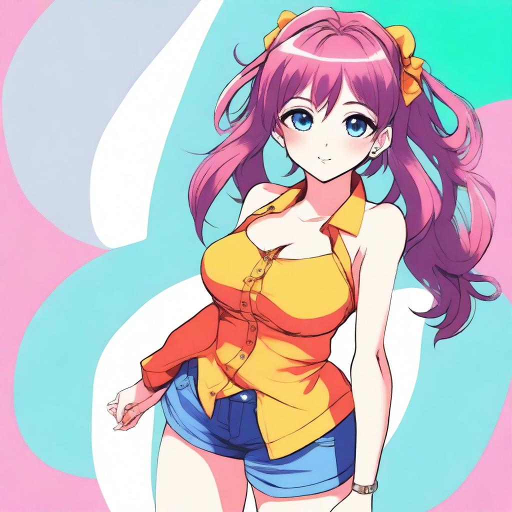 An anime-style girl with larger breasts, vibrant colors, large expressive eyes, and detailed hair