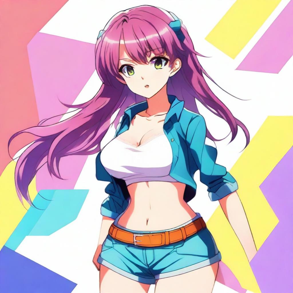 An anime-style girl with larger breasts, vibrant colors, large expressive eyes, and detailed hair