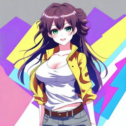 An anime-style girl with larger breasts, vibrant colors, large expressive eyes, and detailed hair