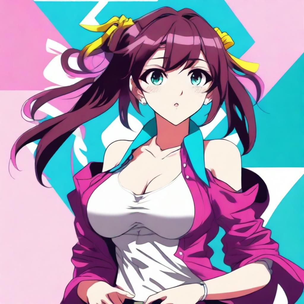 An anime-style girl with exaggeratedly large breasts, vibrant colors, large expressive eyes, and detailed hair