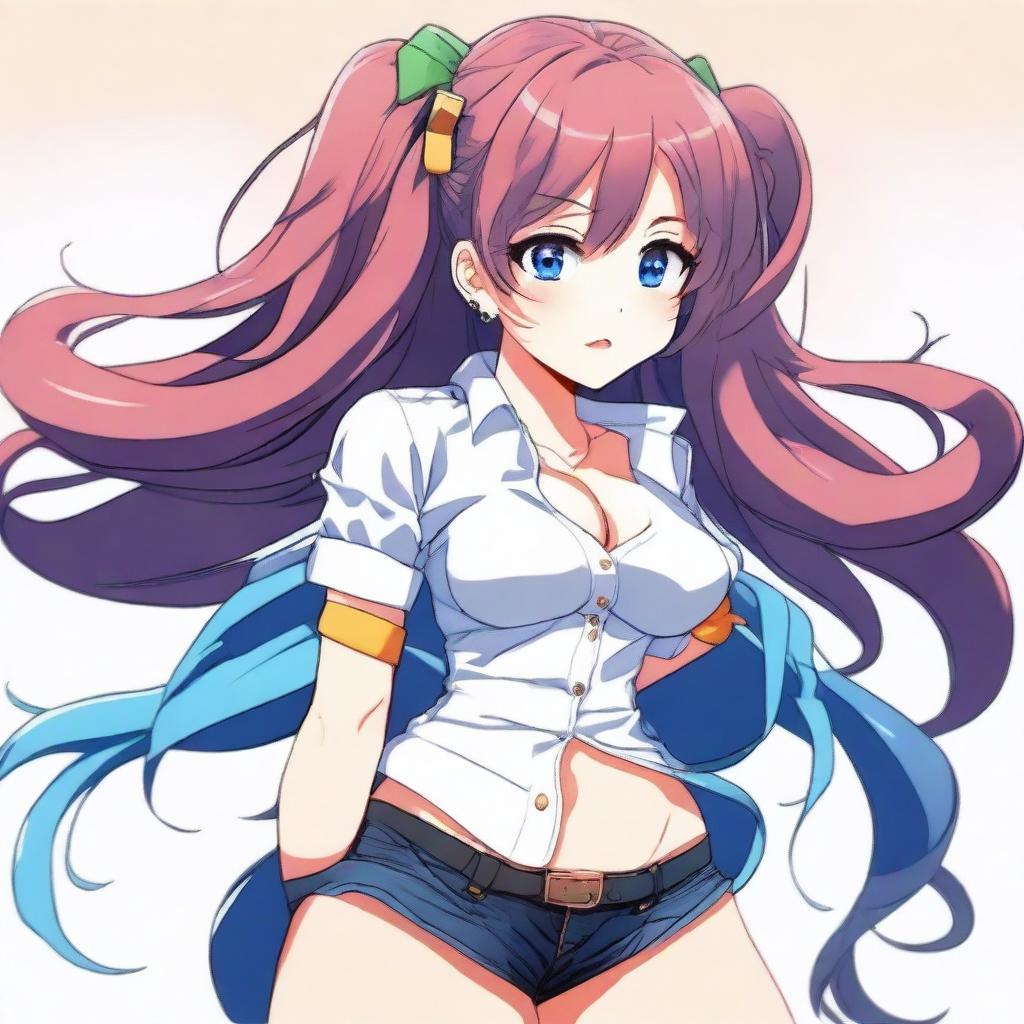 An anime-style girl with exaggeratedly large breasts and buttocks, vibrant colors, large expressive eyes, and detailed hair