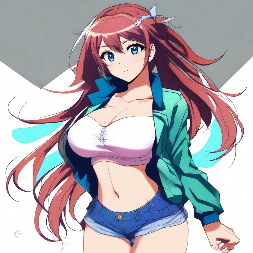 An anime-style girl with exaggeratedly large breasts and buttocks, vibrant colors, large expressive eyes, and detailed hair