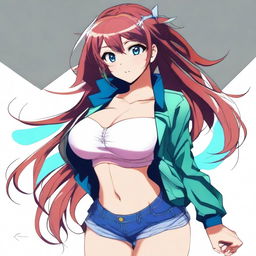 An anime-style girl with exaggeratedly large breasts and buttocks, vibrant colors, large expressive eyes, and detailed hair