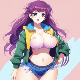 An anime-style girl with exaggeratedly large breasts and buttocks, vibrant colors, large expressive eyes, and detailed hair