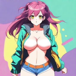 An anime-style girl with exaggeratedly large breasts and buttocks, vibrant colors, large expressive eyes, and detailed hair