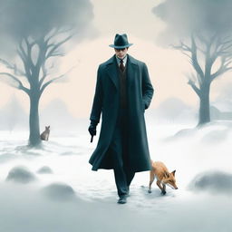 A captivating book cover featuring a detective standing in a serene winter landscape