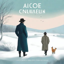 A captivating book cover featuring a detective standing in a serene winter landscape