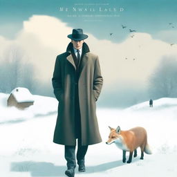 A captivating book cover featuring a detective standing in a serene winter landscape