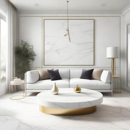 A minimalist living room design featuring white marble and gold accents