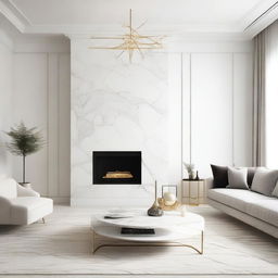 A minimalist living room design featuring white marble and gold accents