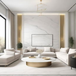 A minimalist living room design featuring white marble and gold accents