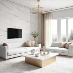 A minimalist living room design featuring white marble and gold accents