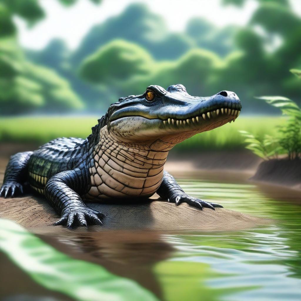 A realistic depiction of a crocodile in its natural habitat, basking in the sun near a riverbank with lush greenery around