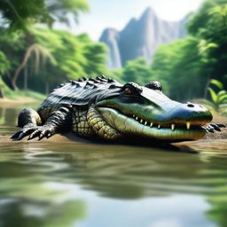 A realistic depiction of a crocodile in its natural habitat, basking in the sun near a riverbank with lush greenery around