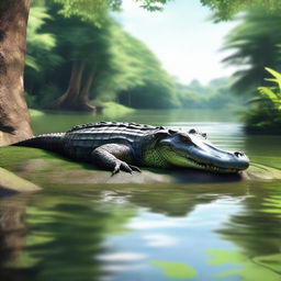 A realistic depiction of a crocodile in its natural habitat, basking in the sun near a riverbank with lush greenery around