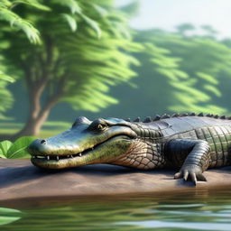 A realistic depiction of a crocodile in its natural habitat, basking in the sun near a riverbank with lush greenery around