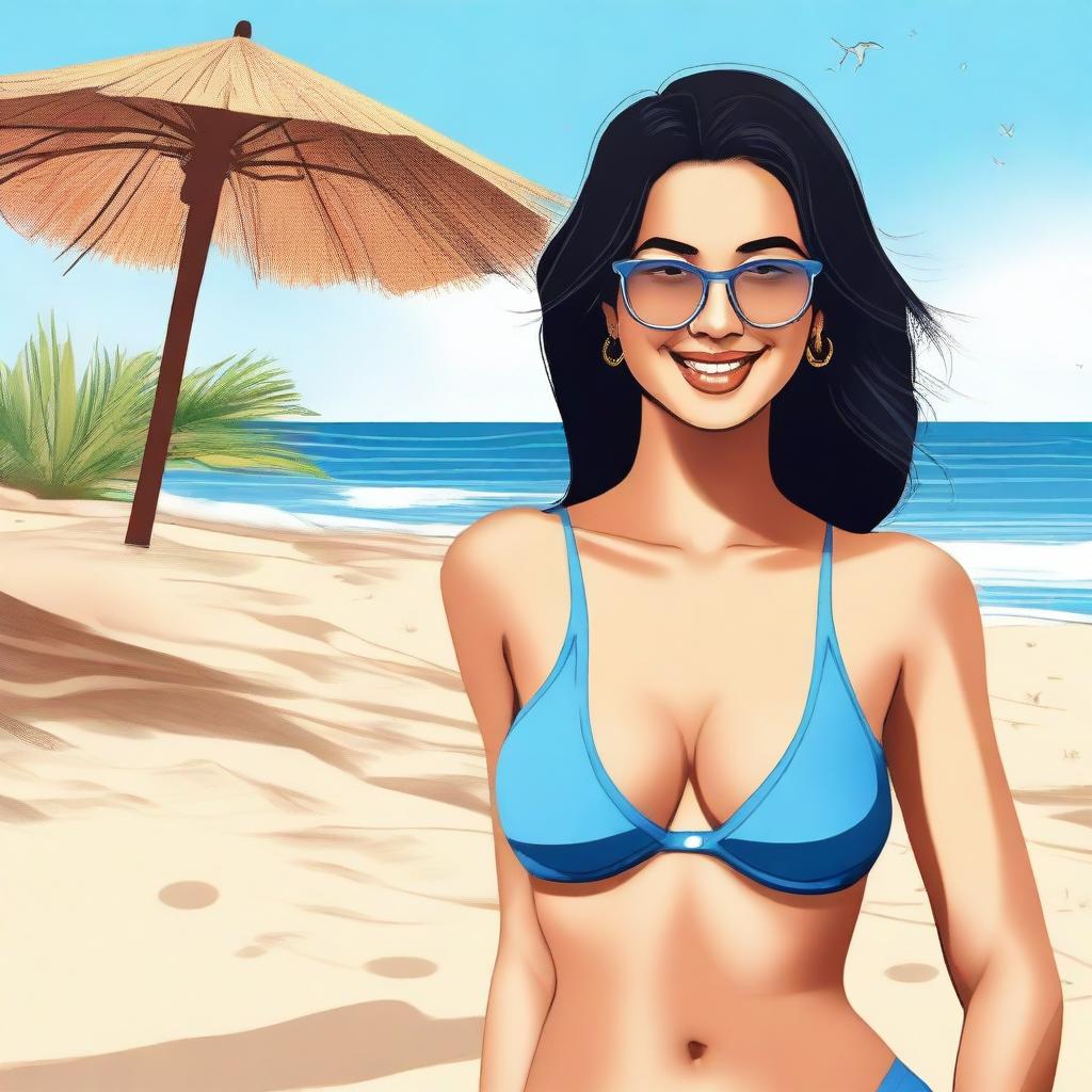 A detailed illustration of Chinmayee Salvi wearing a bikini at the beach