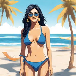 A detailed illustration of Chinmayee Salvi wearing a bikini at the beach