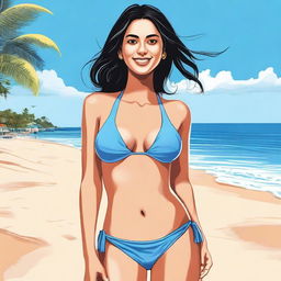 A detailed illustration of Chinmayee Salvi wearing a bikini at the beach