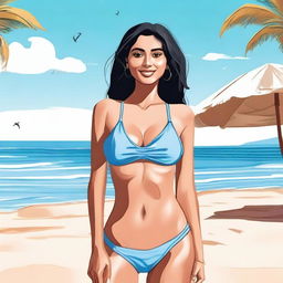 A detailed illustration of Chinmayee Salvi wearing a bikini at the beach